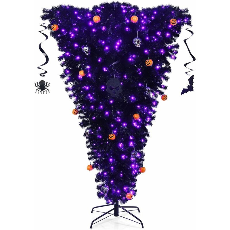 Sapin de Noël Artificiel Noir 180 cm Inversé Arbre d'Halloween avec 270 Lumières led Violettes Décoré de Citrouilles Crânes - Costway
