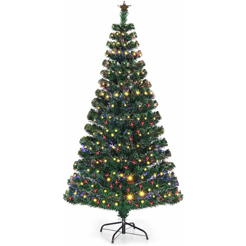 COSTWAY Sapin de Noël LED 150 cm avec 180 Lumières 8 Modes d’Illuminations à Fibre Optique Pré-éclairé Aiguilles en PVC 180 Branches