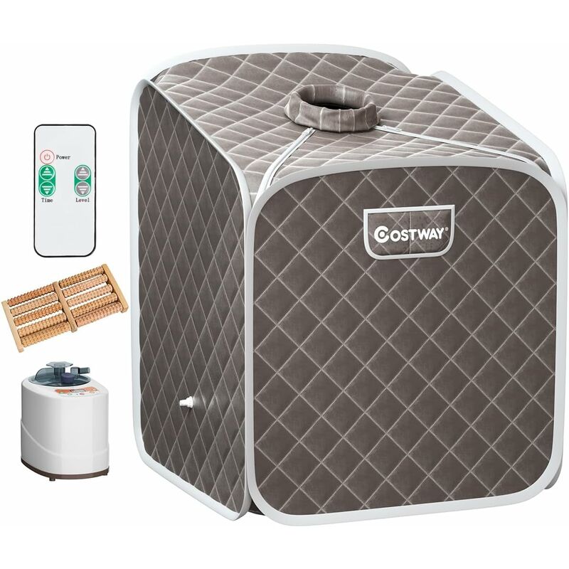 Sauna a Vapore Portatile con Telecomando, Cabina Sauna a Vapore Pieghevole con Sedia e 9 Livelli di Temperatura, Telaio in metallo (Grigio) - Costway