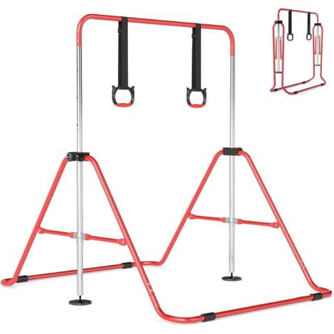 COSTWAY Sbarra Ginnastica Pieghevole per Bambini, Barra Ginnastica per Casa Regolabile a 4 Livelli con Anelli e Cuscinetti Antiscivolo, Attrezzatura Ginnastica per Bambini 3-12 Anni,Rosso