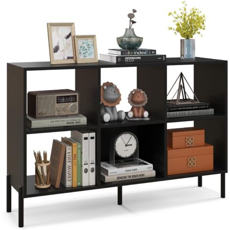 COSTWAY Scaffale a 6 Cubi, Libreria Aperta in Legno con Gambe Metalliche, Ripiani Regolabili in 5 Posizioni, Dispositivo Antiribaltamento, Scaffale per Casa e Ufficio, 120 x 35 x 79,5 cm (Nero)