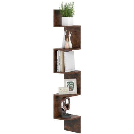 COSTWAY Scaffale Angolare a 5 Livelli, Scaffale Sospeso a Muro, Organizzatore di Stoccaggio a Parete, Espositore in Legno per Soggiorno Camera da Letto e Cucina, 20 x 20 x 126 cm (Marrone)