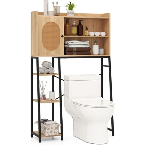 COSTWAY Scaffale Bagno 139cm sopra WC, Mobile Bagno Salvasapzio con Porta in Rattan PE, Ripiani di Stoccaggio Aperti e Supperto in Metallo, Organizzatore sopra Gabinetto, Nero e Marrone