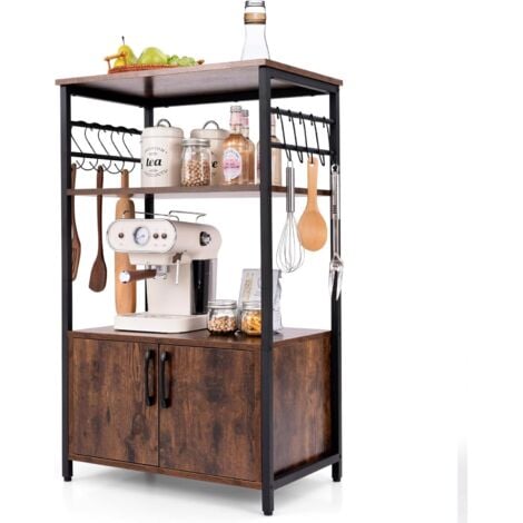 COSTWAY Scaffale da Cucina con Armadietto, Supporto per Microonde Industriale a 3 Livelli con 2 Ripiani 10 Ganci, Struttura in Metallo, per Soggiorno Sala da Pranzo, 60 x 40 x 100 cm