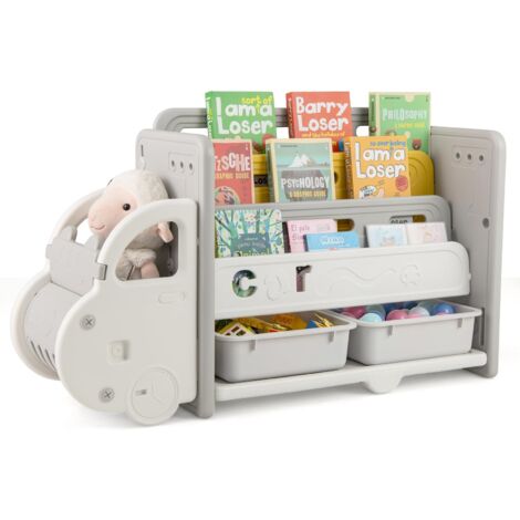 COSTWAY Scaffale per Giocattoli e Libri per Bambini, Libreria a Forma di Auto con 3 Ripiani 2 Scatole, Organizzatore Salvaspazio per Camera Stanza dei Giochi Asilo
