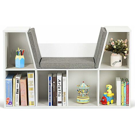 COSTWAY Scaffale per Libri, Libreria Panca in Legno con Cuscini per Bambini (BIanco)