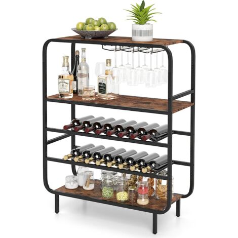COSTWAY Scaffale per vino a 5 ripiani per 16 bottiglie, portabottiglie con portabicchieri, portabottiglie in metallo in stile industriale, per cucina, bar, sala da pranzo