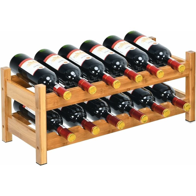 Image of Costway - Scaffale per Vino con 2 Livelli di Bambù, Organizer Vini per 12 Bottiglie, Espositore Vini Salva Spazio, Catinetta Portabottiglie, 62 x 24