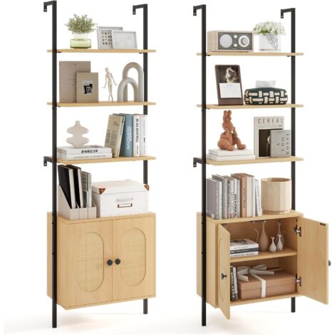 COSTWAY Scaffale Salvaspazio 60 x 30 x 184 cm, Libreria a 3 Livelli con Ripiano Regolabile, Struttura in Metallo, Armadietto in Rattan e Scaffale Aperto, Mobile Bagno per Soggiorno e Ufficio