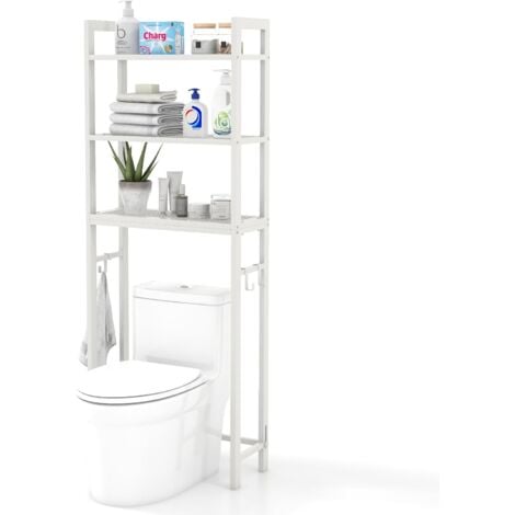 COSTWAY Scaffale Sopra WC, Mobile per Bagno in Metallo con Dispositivo Antiribaltamento, 3 Ganci, Supporto per Toilette a 3 Ripiani, Scaffale Salvaspazio per Bagno (Bianco)