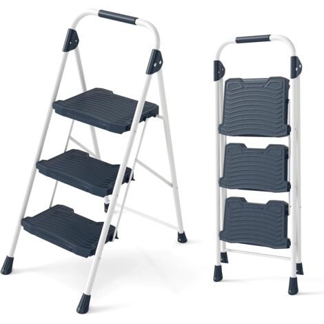 COSTWAY Scala a 3 Gradini, Scaletta Pieghevole in Acciaio con Corrimano Imbottito, Pedale Antiscivolo e Blocco di Sicurezza, per Cucina, Giardino e Ufficio, Portata 360 kg (Blu + Bianco)