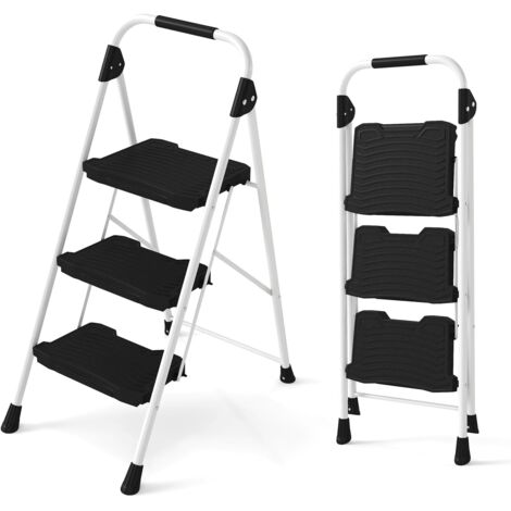 COSTWAY Scala a 3 Gradini, Scaletta Pieghevole in Acciaio con Corrimano Imbottito, Pedale Antiscivolo e Blocco di Sicurezza, per Cucina, Giardino e Ufficio, Portata 360 kg (Nero + Bianco)
