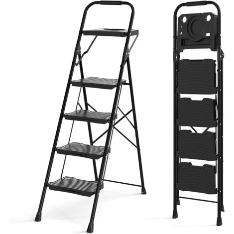 COSTWAY Scala a 4 Gradini, Scaletta Pieghevole in Acciaio con Antiscivolo per Piedi e Maniglia e Vassoio Porta Attrezzi, Carico Massimo 150kg, per Cucina, Giardino e Ufficio