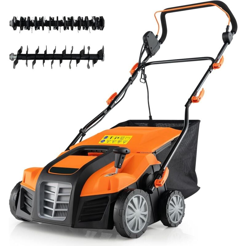 Scarificateur de Pelouse Électrique 2 en 1 de 15A, avec Double Interrupteur de Sécurité Réglable à 5 Positions Sac de Ramassage 55 l, Scarificateur