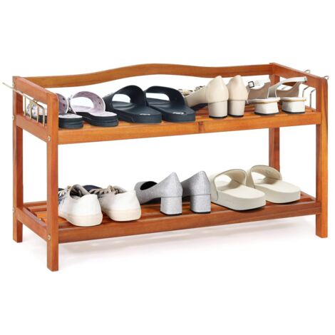 COSTWAY Scarpiera a 2 Livelli, Scaffale per Scarpe in Legno di Acacia Solido con Ganci Laterali in Metallo, Contiene 12 Paia, Capacità di Ogni Ripiano 20 kg, 74 x 26 x 42 cm (2 Livelli)