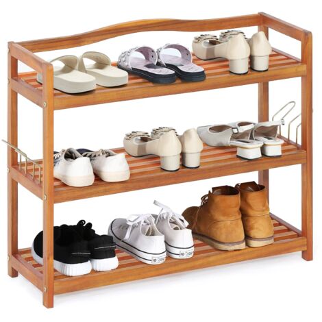 COSTWAY Scarpiera a 2 Livelli, Scaffale per Scarpe in Legno di Acacia Solido con Ganci Laterali in Metallo, Contiene 12 Paia, Capacità di Ogni Ripiano 20 kg, 74 x 26 x 42 cm (3 Livelli)