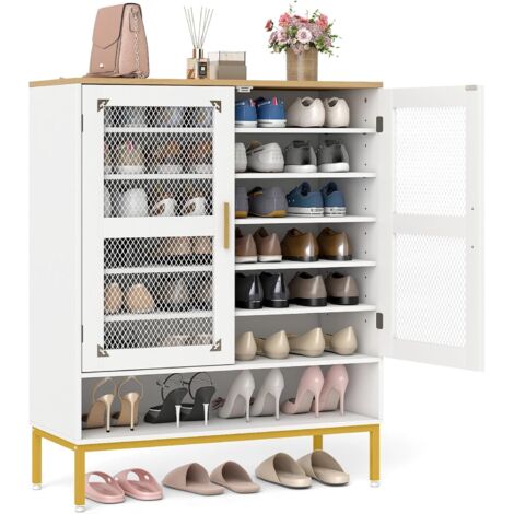 COSTWAY Scarpiera a 7 Livelli, Armadio Porta Scarpe con Porte in Rete, Ripiani Regolabili e Gambe in Metallo Per Ingresso, Corridoio, Armadio e Soggiorno (Bianco,80x37x106 cm)