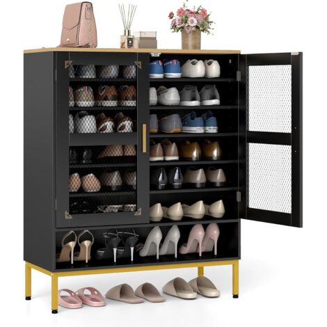 COSTWAY Scarpiera a 7 Livelli, Armadio Porta Scarpe con Porte in Rete, Ripiani Regolabili e Gambe in Metallo Per Ingresso, Corridoio, Armadio e Soggiorno (Nero,80x37x106 cm)