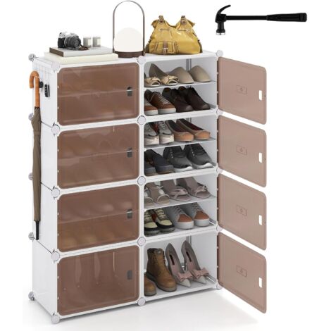 COSTWAY Scarpiera Salvaspazio a 8 Scomparti, Porta Scarpe da 32 Paia con Mensole Rimovibili, Ganci Laterali e Porte Magnetiche, Scatole per Scarpe Impilabile in Plastica (95×32×126 cm)