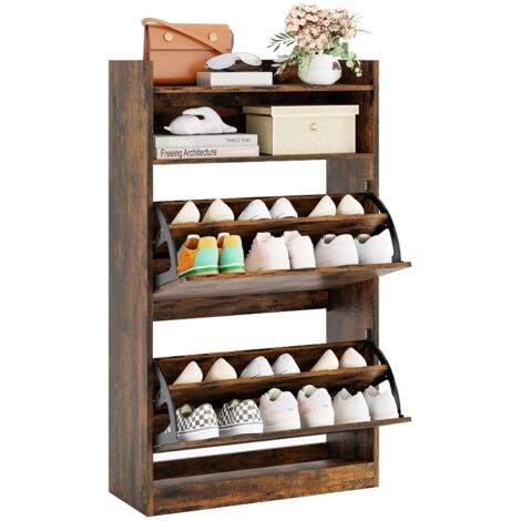 COSTWAY Scarpiera Slim in Legno, Portascarpe a 4 Livelli con 2 Cassetti a Ribalta, con Ripiano Aperto, Mobile Porta Scarpe per Ingresso Corridoio, 60x24x102 cm (Marrone)