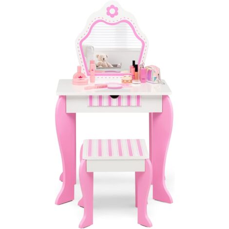 COSTWAY Schminktisch & Hocker-Set für Kinder, Schminktisch mit Hocker & abnehmbarem Spiegel & Schublade, 2-in-1-Schminktisch-Set für Kleinkinder 3-7 Jahre mit niedlichen Blumenmustern