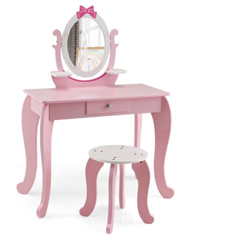 COSTWAY Schminktisch mit Hocker und ovalem drehbarem Spiegel, für Kinder, 2-in-1 Kinder Schreibtisch aus Holz, Schublade, Frisiertisch & Stuhl für Maedchen von 3–7 Jahren