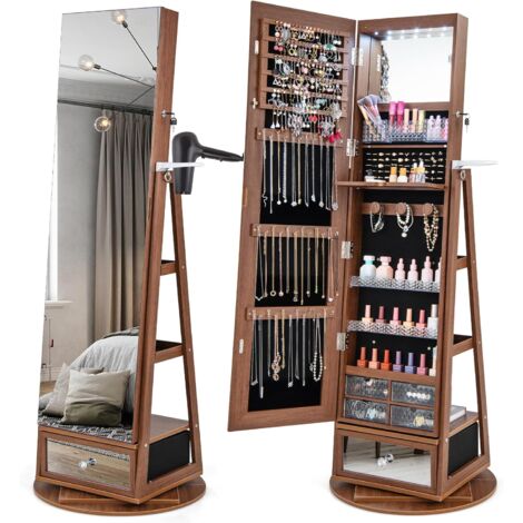 COSTWAY Schmuckschrank 360° drehbar, Spiegelschrank mit Ganzkörperspiegel, LED-Leucheten & Schublade & Haartrocknerhalter, Schmuckregal abschließbar, Standspiegel für Schmuck (Braun)
