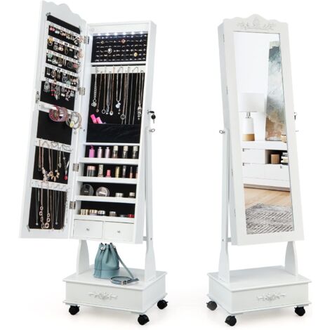 COSTWAY Schmuckschrank mit LED Beleuchtung, Spiegelschrank mit Ganzkörperspiegel & Schubladen, Schmuck Organizer mobil, abschließbar (Weiß)