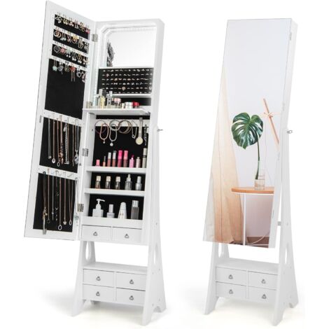 COSTWAY Schmuckschrank mit Spiegel, mit Beleuchtung, Schmuck Spiegelschrank mit Schubladen und klappbaren Ablage, ideal für Make Up, weiß