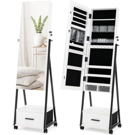 COSTWAY Schmuckschrank mit Spiegel, Schmuck Spiegelschrank abschließbar, auf Rollen, freistehend, 42 x 38 x 157 cm