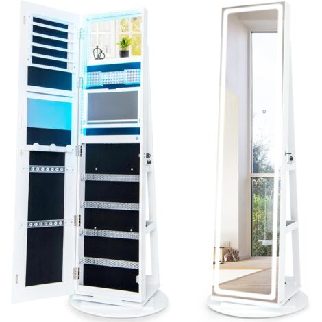 COSTWAY Schmuckschrank mit Spiegel, Schmuck Spiegelschrank mit verstellbaren LED-Leuchten, abschließbar, 360° drehbare Basis & großer Stauraum