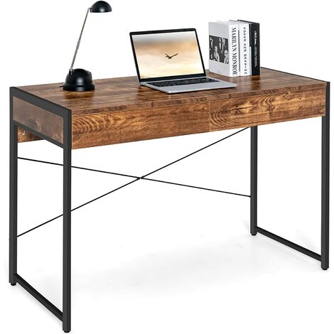 COSTWAY Schreibtisch Computertisch mit 2 Schubladen, Kleiner Bürotisch PC Tisch, Arbeitstisch Officetisch 112 x 48 x 76 cm Rustikales Braun