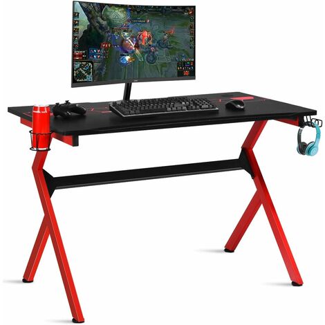 COSTWAY Schreibtisch Gaming Tisch mit hoehenverstellbare Fusspolster, Computertisch aus Karbonfasern, PC Tisch,mit Becherhalter, Kopfhoererhaken und 2 Loechern zur Kabelorganisation