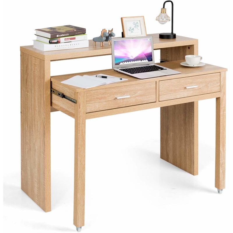 Costway - Schreibtisch mit 2 Schubladen, Computertisch, Konsolentisch, Bürotisch PC-Tisch, Holzschreibtisch, Arbeitstisch Natur