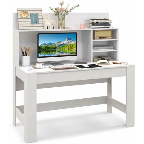 COSTWAY Schreibtisch mit Regal, Computertisch mit Kabelführungslöchern, moderner Arbeitstisch PC-Tisch, Bürotisch für Arbeitszimmer & Schlafzimmer, Weiß, 120 x 54 x 129 cm