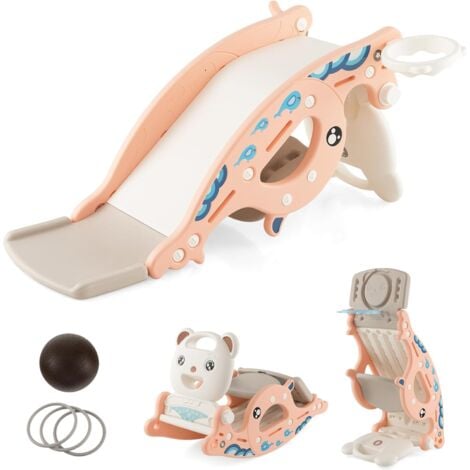 COSTWAY Scivolo Giocattolo 4-in-1 per Bambini con Cavallo a Dondolo, Canestro da Basket e Gioco degli Anelli, Set Scorrevole Multifunzione per Bambini 3+ Anni, per Utilizzo Interno ed Esterno (Rosa)