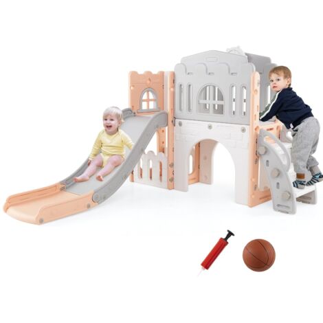 COSTWAY Scivolo per Bambini 9 in 1, Set da Gioco con Canestro da Basket, Telescopio, Volante, Corridoio, Tunnel e Spazio di Archiviazione, Scivolo da Interno ed Esterno per 1+ Anni (Rosa+Grigio)
