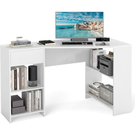 COSTWAY Scrivania ad Angolo per Computer 120 x 60 cm, Scrivania a Forma di L con Ripiani e Cassetto, Scrivania Angolare Gaming Salvaspazio per Ufficio, Studio e Cameretta, Bianco