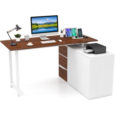 COSTWAY Scrivania Angolare a Forma di L con Presa di Corrente, Scrivania ad Angolo Salvaspazio e Reversibile con 3 Cassetti, Stazione da Lavoro per Ufficio a Casa (Marrone e Bianco)