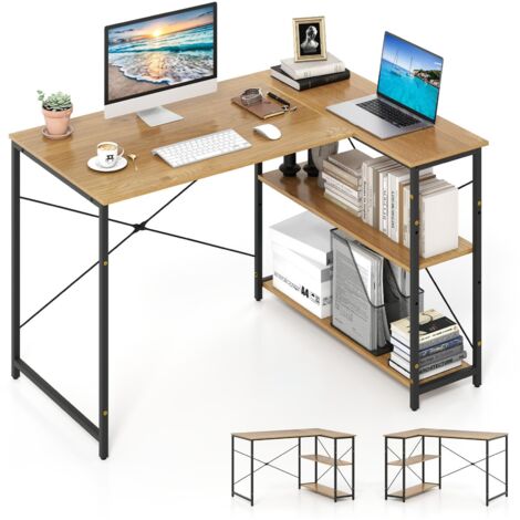 COSTWAY Scrivania Angolare a Forma di L, Scrivania ad Angolo Salvaspazio e Reversibile con Ripiano Regolabile e Struttura in Metallo Resistente, Tavolo per Ufficio e Casa (Legno)