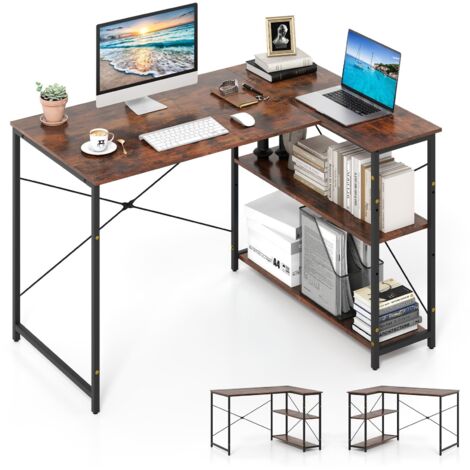 COSTWAY Scrivania Angolare a Forma di L, Scrivania ad Angolo Salvaspazio e Reversibile con Ripiano Regolabile e Struttura in Metallo Resistente, Tavolo per Ufficio e Casa (Marrone)
