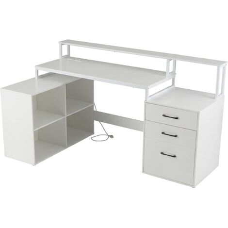 COSTWAY Scrivania Angolare con Prese di Alimentazione, Cassetto, per Monitor e Cubi