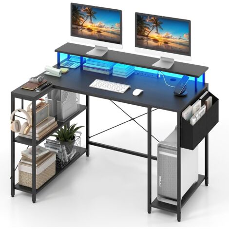 COSTWAY Scrivania Angolare da Gaming, Scrivania Salvaspazio a Forma di L con Luci LED, Stazione di Ricarica, Ripiani e Supporto per Monitor, Scrivania ad Angolo per Casa e Ufficio (Nero)