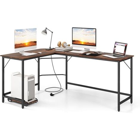 COSTWAY Scrivania Angolare Salvaspazio, Scrivania ad Angolo a Forma di L con Presa di Corrente, Supporto CPU e Telaio in Metallo Resistente, Scrivania per Computer da Casa e Ufficio (Marrone)