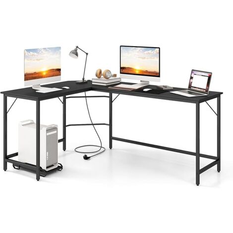 COSTWAY Scrivania Angolare Salvaspazio, Scrivania ad Angolo a Forma di L con Presa di Corrente, Supporto CPU e Telaio in Metallo Resistente, Scrivania per Computer da Casa e Ufficio (Nero)