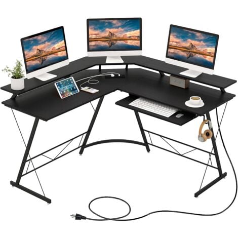 COSTWAY Scrivania Angolare, Scrivania ad Angolo con Presa Elettrica, Supporto per Monitor, Vassoio per Tastiera e Gancio per Cuffie, Scrivania Salvaspazio per Ufficio e Casa (Nero)