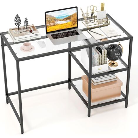 COSTWAY Scrivania con 2 Ripiani,Scrivania in Vetro Temperato e Acciaio,106 x 51 x 77 cm,Nero