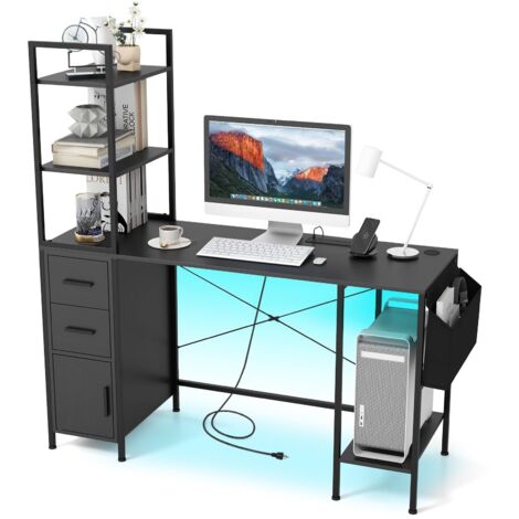 COSTWAY Scrivania con Libreria e Luci LED a Telecomando, Scrivania da Ufficio con Prese di Corrente, 2 Cassetti, 4 Ripiani e Anta, Scrivania per PC Salvaspazio con Tasca, 120 x 65 x 130 cm, Nero