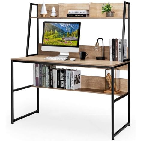 COSTWAY Scrivania con Libreria e Ripiano, Scrivania Salvaspazio per PC Portatile con 3 Scomparti e Ripiano Aperto, Scrivania per Ufficio e Casa, 120 x 57 x 140 cm (Naturale)
