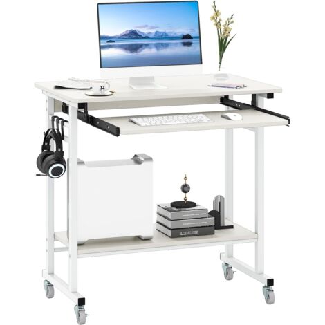 COSTWAY Scrivania con Ruote, Vassoio per Tastiera, Supporto per CPU e Ganci, Scrivania Moderna in Legno e Metallo per Salotto e Camera da Letto, 80 x 50 x 78 cm (Bianco)